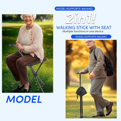 Lightweight Foldable Walking Cane with Seat Adjustable Height LED Light Support