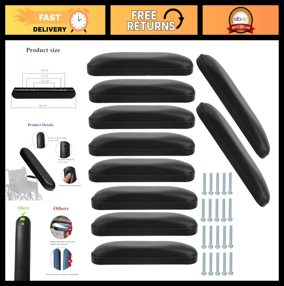 Universal Wheelchair Padded Armrests – Black Replacement Pads (10-1/4″, 10pcs)