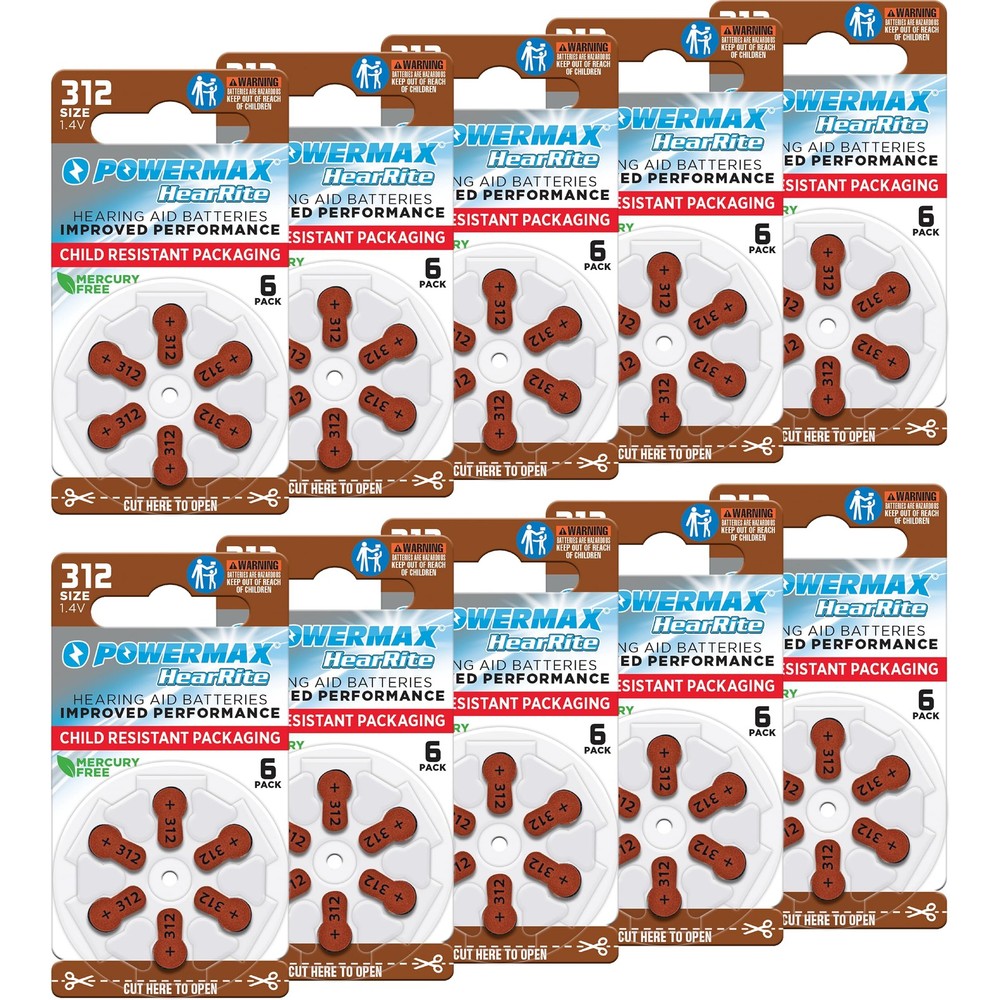 Powermax Size 312 Hearing Aid Batteries, 60 Count Long-Lasting Battery Pack, …