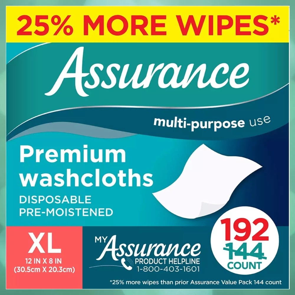 Assurance Premium Disposable Washcloths Pre-Moistened Body Wipes, XL, 192 Count
