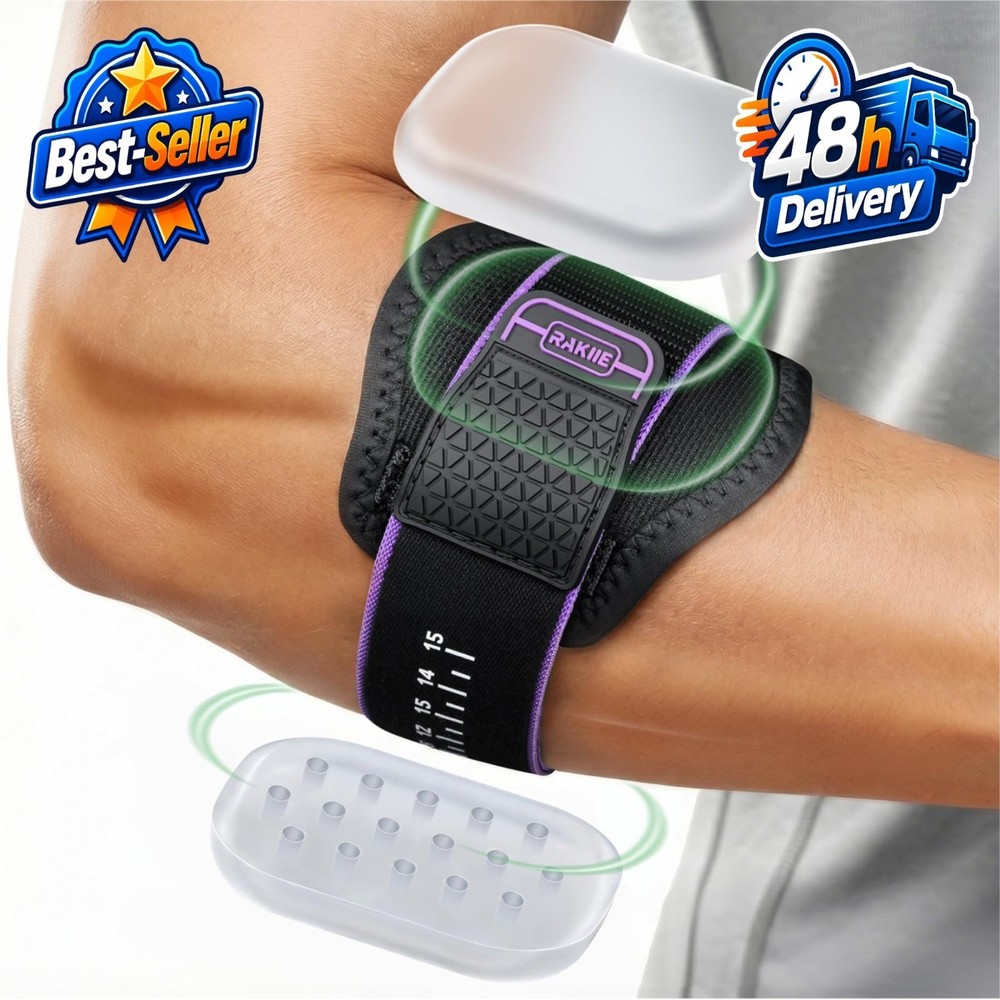 Rakiie Tennis Elbow Brace Adjustable with Silicone Pads for Pain Relief