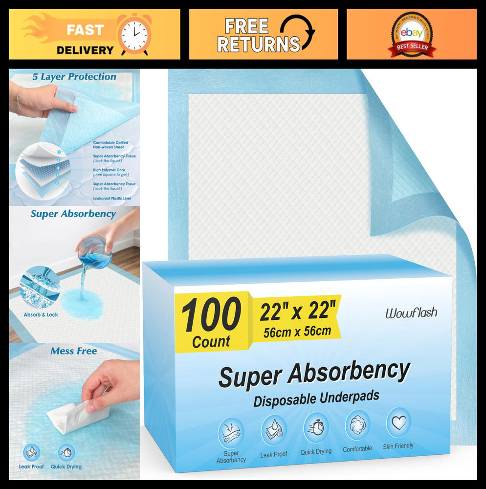 100 Count 22″ x 22″ Super Absorbent Leakproof Disposable Underpads for Pets & Ad