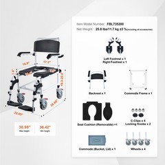 VEVOR Shower Commode Wheelchair with 4 Lockable Wheels Footrests Flip-up Arms