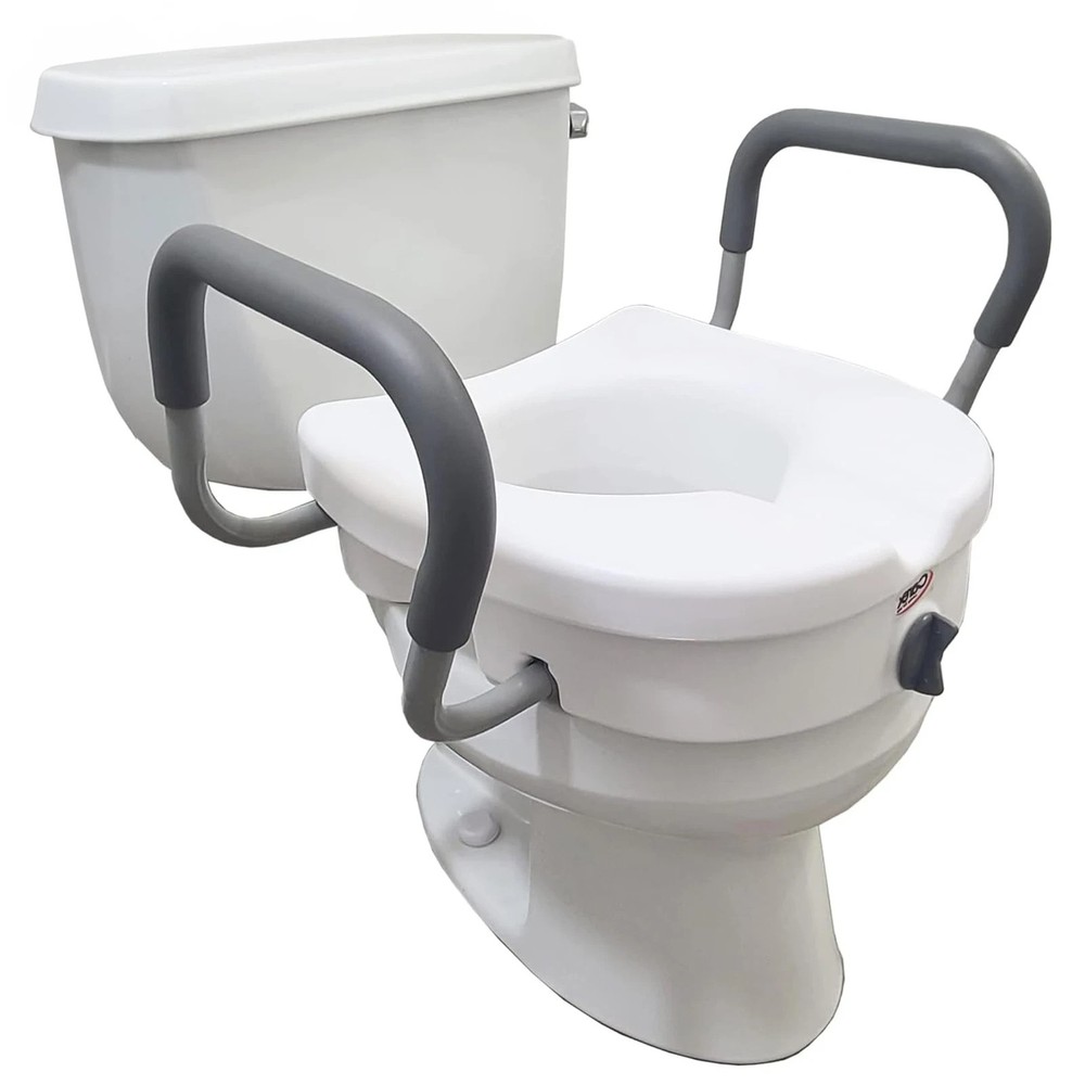 Comfortable Gray White Toilet Seat Riser with Handles for Seniors 5 Inches High