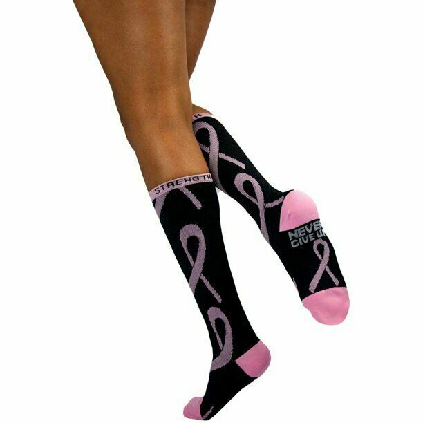 Ribbon Compression Socks (12-15 mm/Hg) Anti-Fatigue, Black, Pink and White