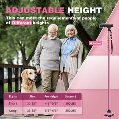 Folding Walking Cane for Elderly Adjustable Portable with Quad Base and Carrying