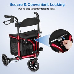 Rollator Rolling Walker with Seat for Senior 3-Wheel Lightweight Foldable Red US