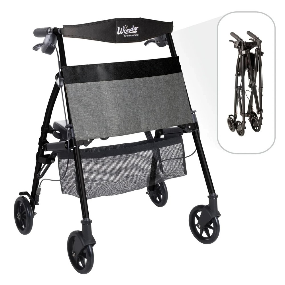 Stander Wonder Rollator Plus Short Folding Walker Seat Lightweight Black.