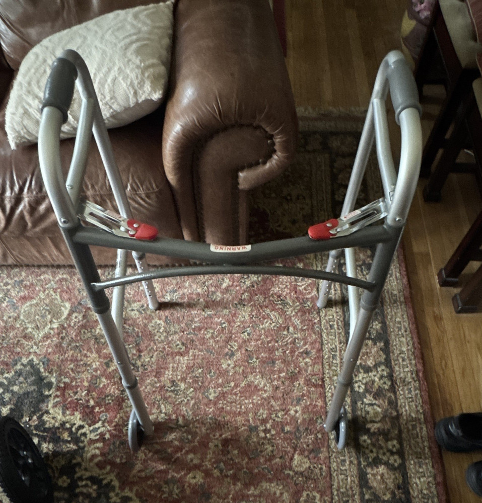 Foldable Walking Frame Walker, 2 Wheels, Silver/Gray/Red, Adult & Senior
