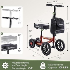 Blessreach Knee Scooter 300 Lb Capacity, All-Terrain 12″/10″ Wheels, Disc Brake
