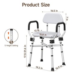 Padded Shower Chair with Arms & Back, Heavy Duty Adjustable, 500 lb