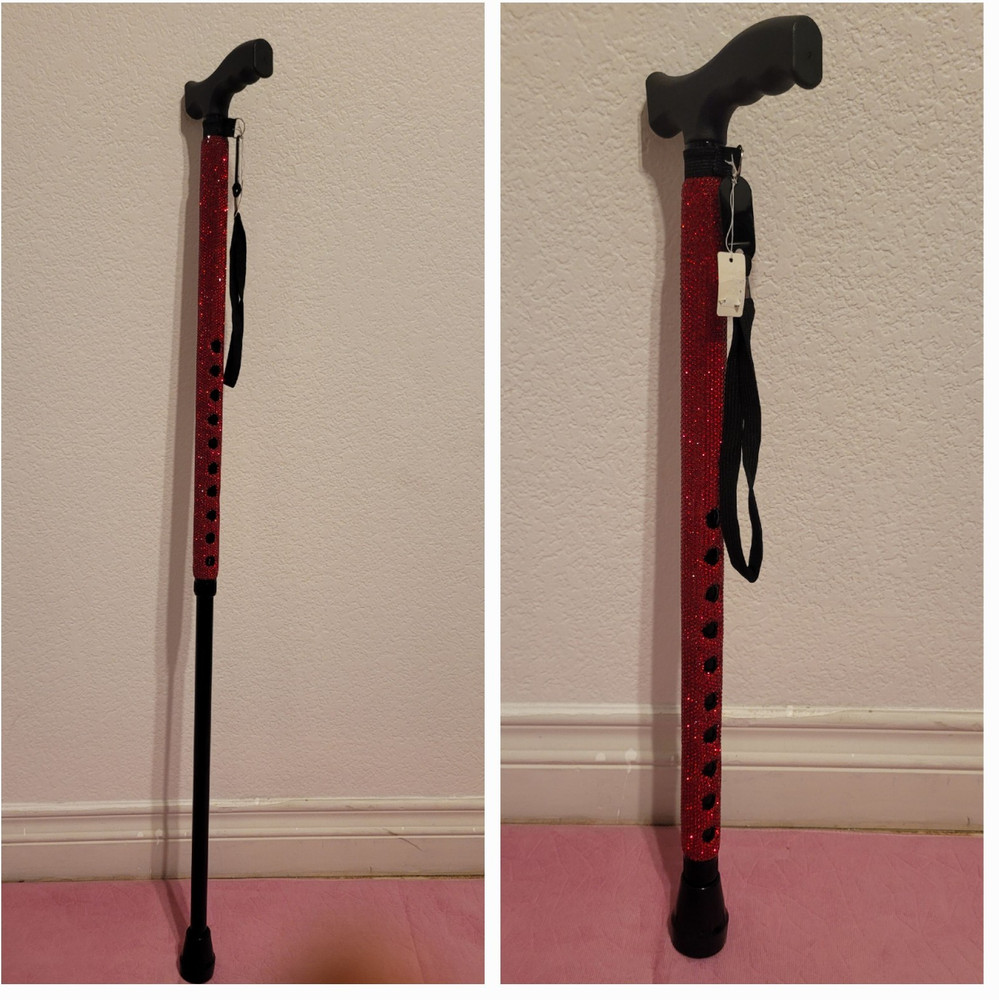 Elegant RHINESTONE Walking STICK w/ Wrist Strap Red Shaft Black Handle Aluminum