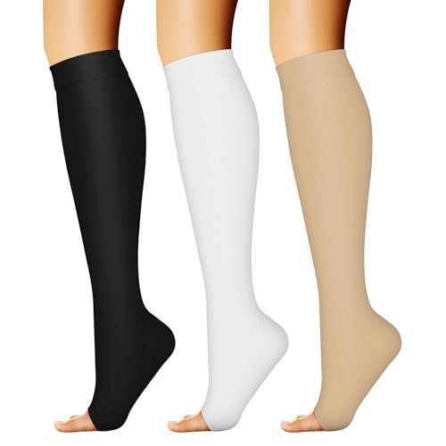 3 Pairs Open Toe Compression Socks for Women Small-Medium 02 Black/White/Beige