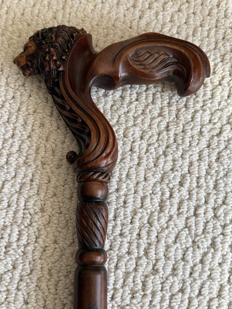 Wood Carved Handcrafted Lion Head Wooden Walking Stick Luxury Collectible Cane
