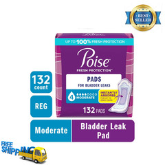 Poise Incontinence Pads for Women, Moderate 4 Drop, Regular Length, 132 Count