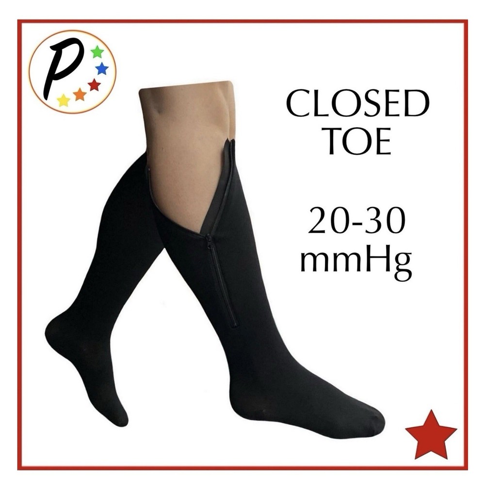 Presadee Firm Compression Socks Closed Toe 20-30 mmHg Zipper Black Knee High