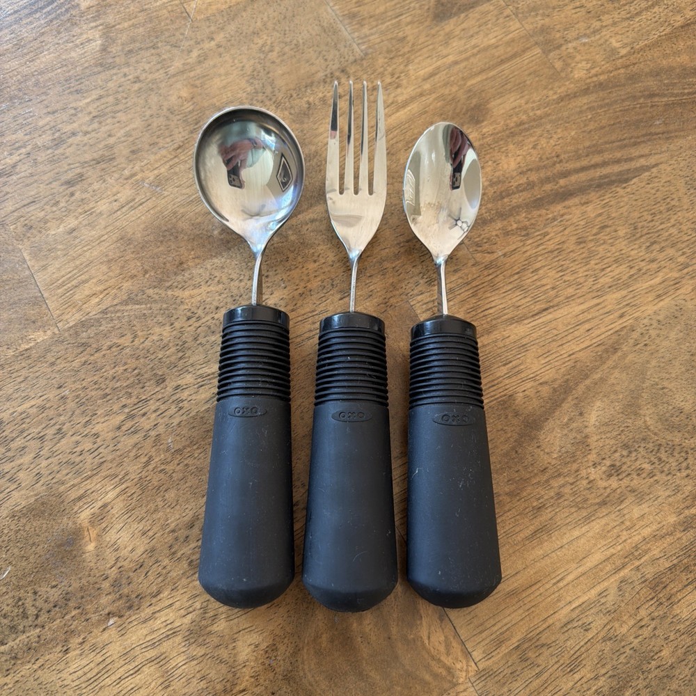 OXO Good Grips Weighted Handle Fork + 2 Spoon Dining Aids Utensils – EXCELLENT