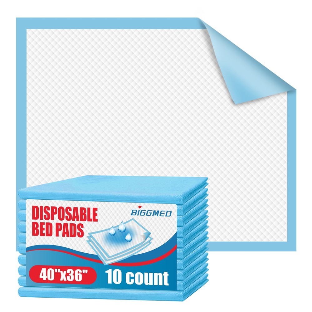 BIGGMED Tear-Resistant Incontinence 40″x36″- 10 Count (Tear-resistant), Blue
