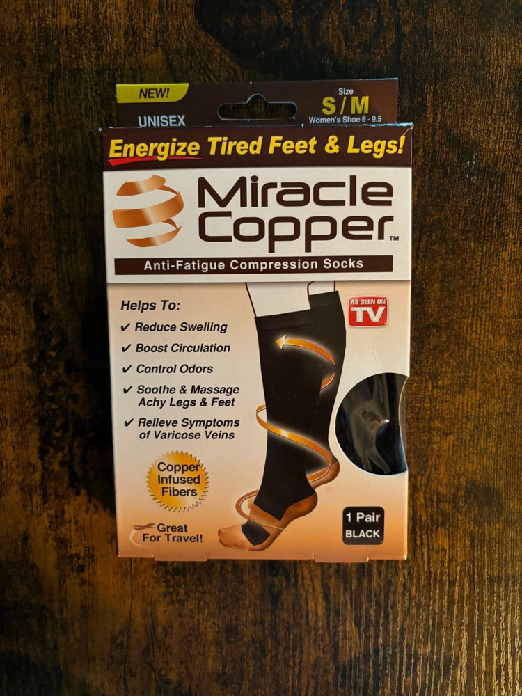 Miracle Copper Anti-Fatigue Compression Socks, S/M, Black, 1 Pair, NIB, Unisex