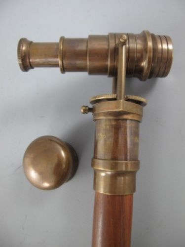 Antique Brass Walking Telescope Handle Cane Brass Wood Stick Folding Hidden Spy