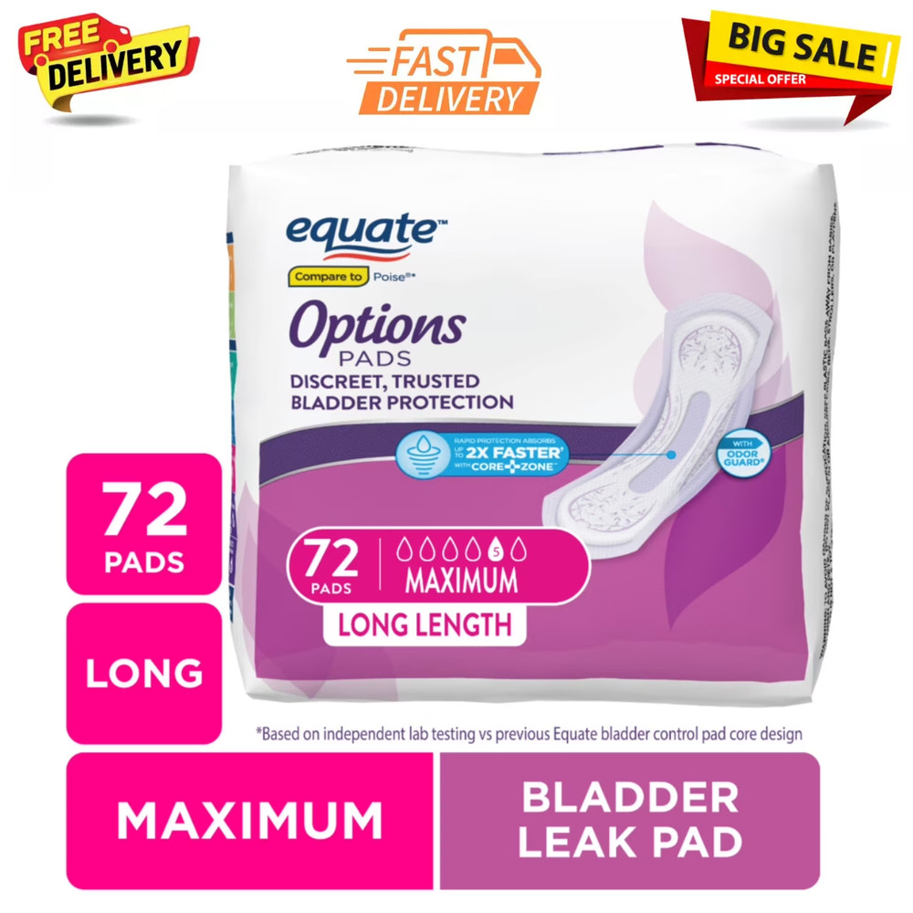 Options Women’s Incontinence Pads Extra Coverage, Maximum, Long Length, 72 Count