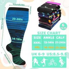 6 Pairs Plus Size Compression Socks for Women Wide Calf XX-Large Multicolor