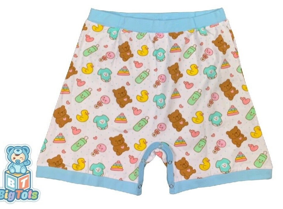 Adult snap crotch shorts Baby Things print