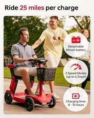 Foldable Mobility Scooter Heavy Duty 300lbs 4 Wheel Scooter 25 Mile Senior – Red