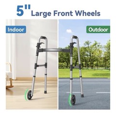 Lightweight Folding Walker w/ 5” Wheels & Skis Adjustable Height 350 lb Black