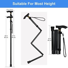 Adjustable Height Folding Cane Lightweight Portable with Wrist Strap Black