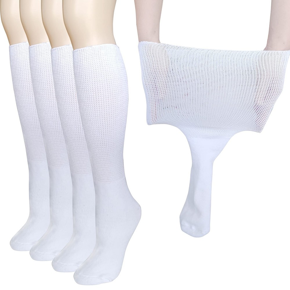 CIRZUEX Extra Wide Socks for Lymphedema Swollen Feet One Size, 2 Pairs(White)