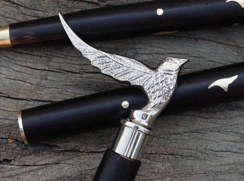 Silver Flying Eagle Bird Handle Walking Cane Wooden Hiking Stick Gift Mobility