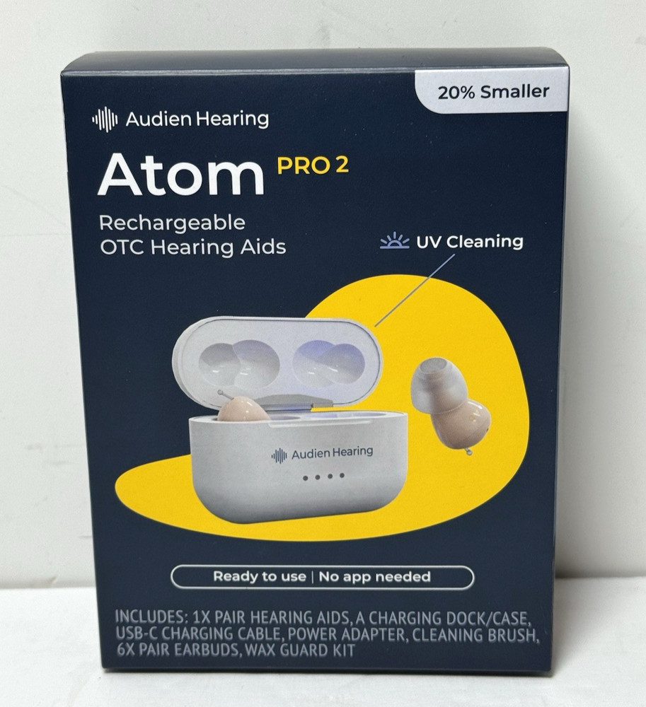 Audien ATOM PRO 2 Wireless Rechargeable OTC Hearing Aid-Brand New