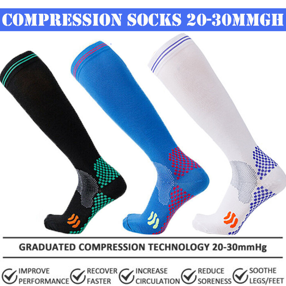 3 Pair Compression Socks Black+Blue+White Blood Circulation Promotion Stockings