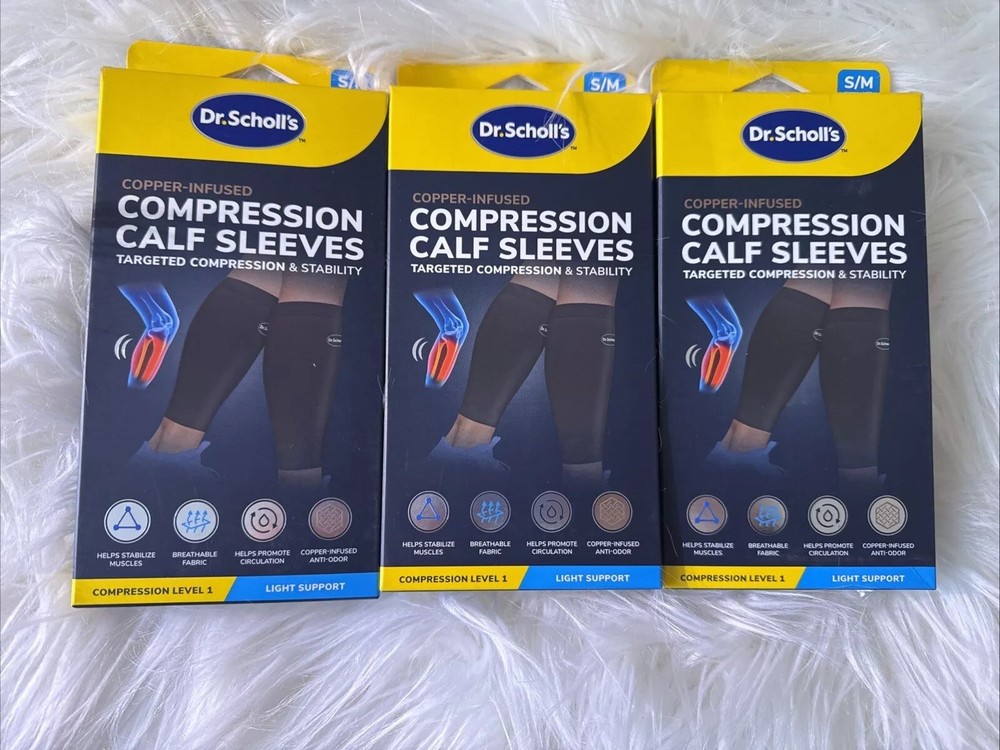 3 Dr. Scholl’s Copper-Infused Compression Calf Sleeves, Level 1 Sz S/M Black NEW