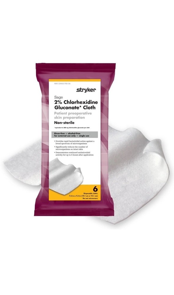 Stryker Sage 6 Cloths X 5 Packs 2% Chlorhexidine Gluconate Pre-op Prep Wipes NEW