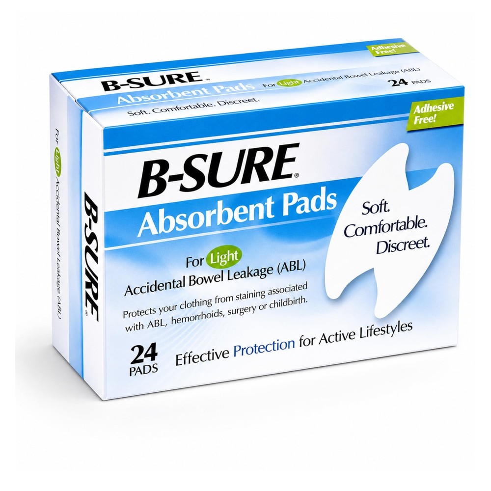 B-Sure Absorbent Pads for Light Accidental Bowel Leakage Box/24 Pads