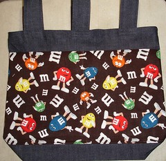 NEW Denim Walker Bag Handmade/w M&M’S® Characters Brown Bkgd Licensed Fabric