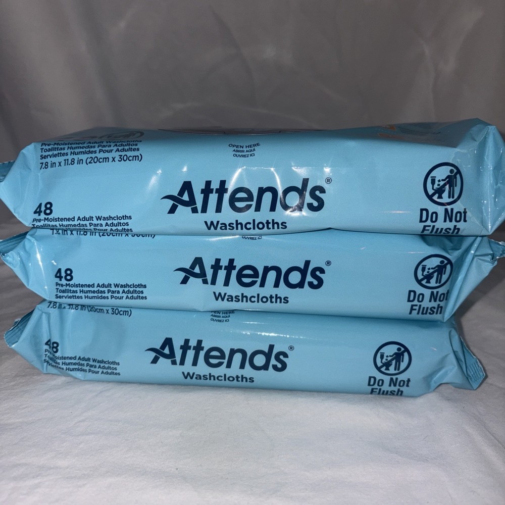 3 Packs Attends Scented Pre-Moistened Adult Washcloths 48 wipes per pack
