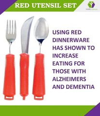 NEW 3 Piece Easy Grip Red Flatware Set, Bendable Built Up Fork, Knife, and Spoon