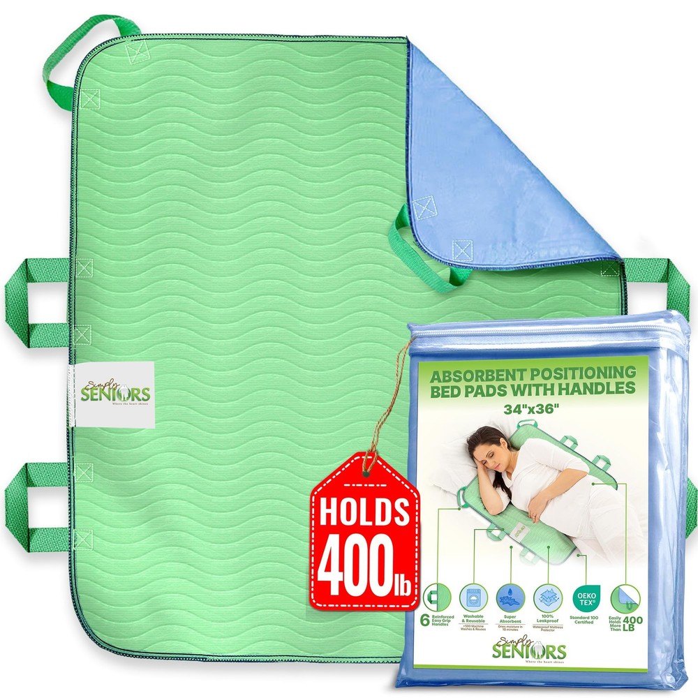 Absorbent Positioning Bed Pads for Elderly 34×36 – 6 Handles, Green & Blue