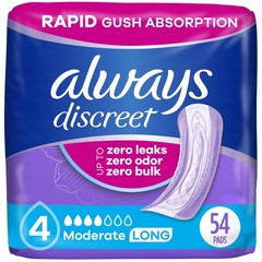 Incontinence Pads for Women, Moderate Absorbency, Long Length, 54 Count