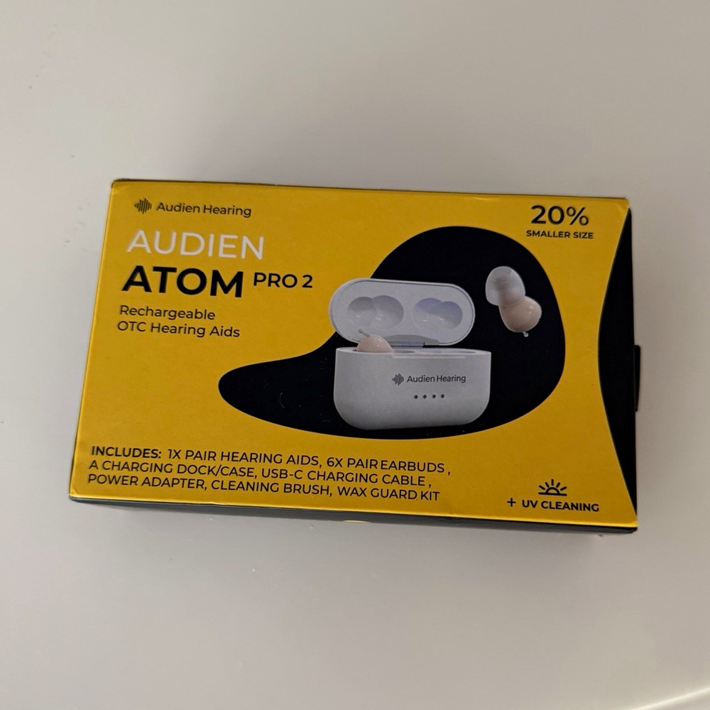 Audien Hearing ATOM PRO 2 ITC Rechargeable OTC Hearing Aids White w/ Dock