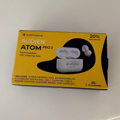 Audien Hearing ATOM PRO 2 ITC Rechargeable OTC Hearing Aids White w/ Dock