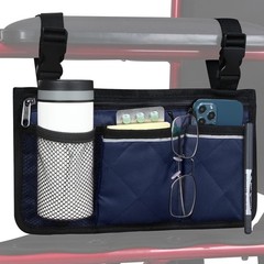 Blue Wheelchair Side Bag Armrest Storage Pouch with Cup Holder Reflective Strip