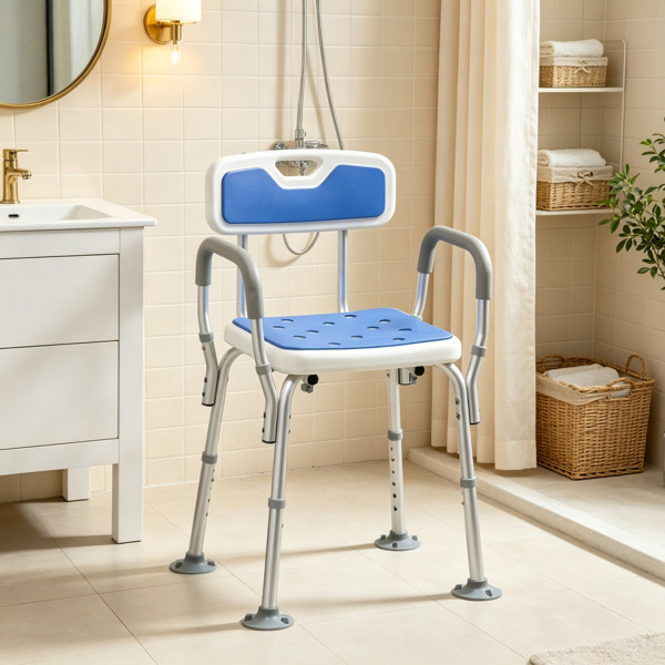 Adjustable Height Padded Shower Chair with Arms And Back, Bath Seat for Seniors