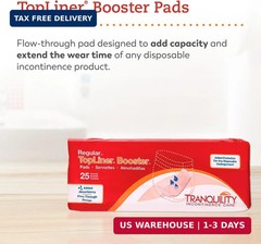 Tranquility TopLiner Disposable Booster Pads, Super (15″ x 4.25″), Flow-Through