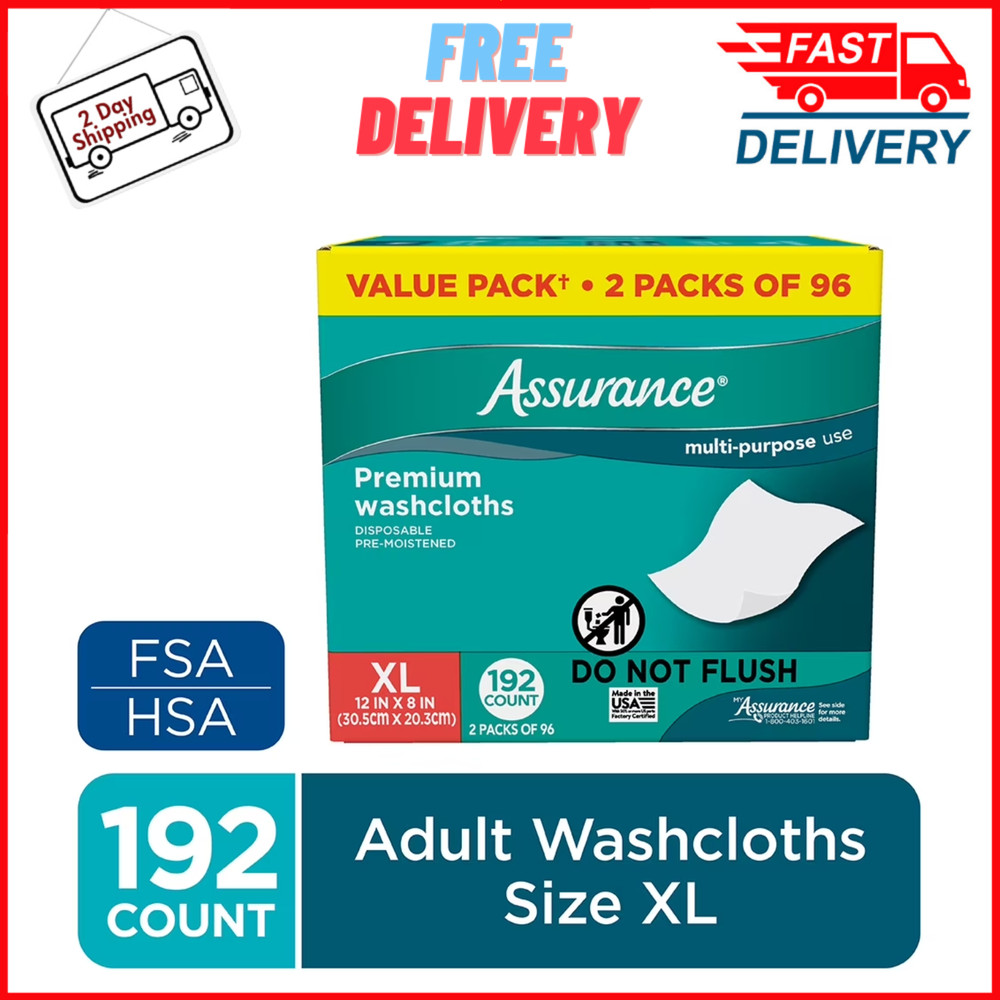 Assurance Premium Disposable Washcloths Pre-Moistened Body Wipes, XL, 192 Count