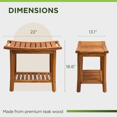 Teak Wood Shower Bench with Shelf, 2-Tier Waterproof Teak Shower Stool, Non-Slip