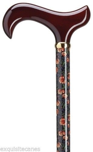 NEW LADIES BROWN DERBY HANDLE MIDNIGHT MUMS FLORAL WOODEN WALKING CANE STICK
